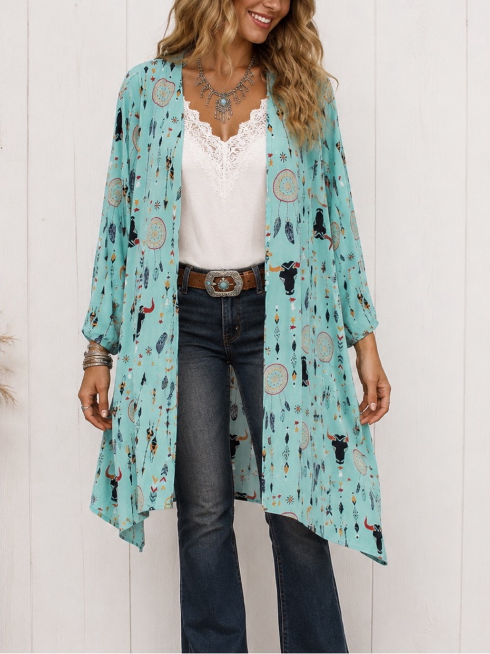 Vision USA Western Blue Cow Skull & Dreamcatcher 3/4 sleeve duster shawl